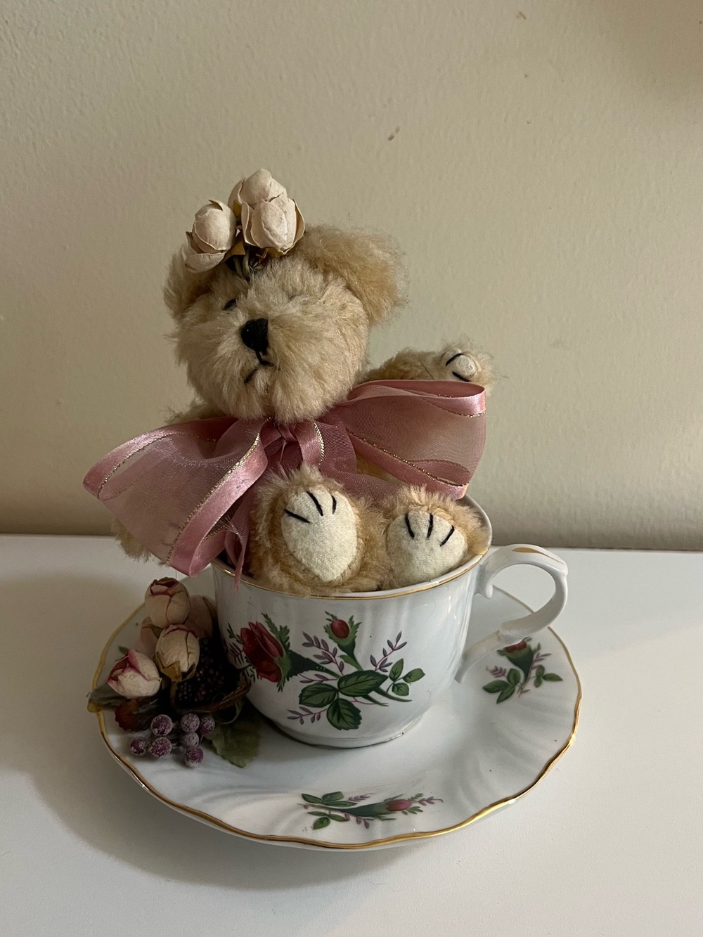 Plush Beige Bear with Pink Ribbon in Decorative Floral Teacup